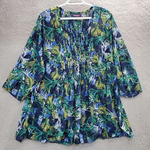 Roaman's Tops - Roaman's Blue and Green Floral Tunic